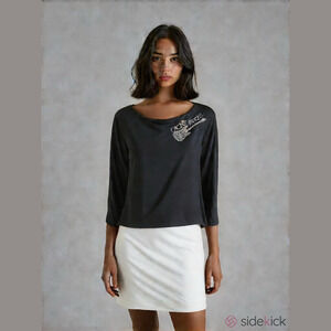 CACHE’ BLACK BLOUSE~”CACHE ROCKS” BLING~LG